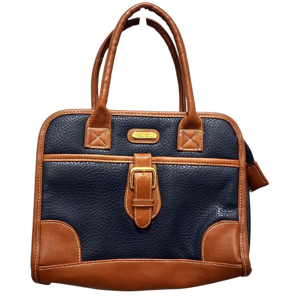 Kathie Lee Navy Brown Handbag Pebbled Faux Leather 3 Sections Mirror 11x8x4" - Picture 9 of 9